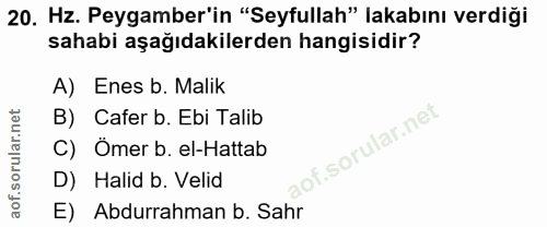20. soru: Hz. Peygamber'in "Seyfullah" lakabını verdiği sahabi aşağıdakilerden hangisidir? A) Enes b. Malik B) Cafer b. Ebi Tal…