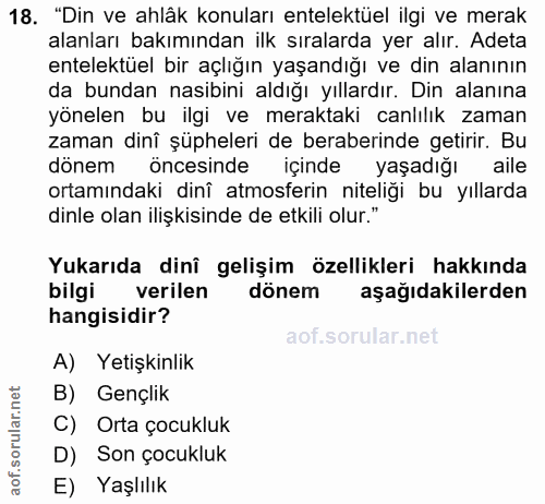 18. soru: "Din ve ahlâk konuları entelektüel ilgi ve merak alanları bakımından ilk sıralarda yer alır. Adeta entelektüel bir aç…