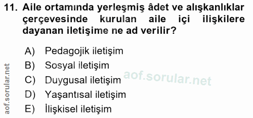 11. soru: Aile ortamında yerleşmiş âdet ve alışkanlıklar çerçevesinde kurulan aile içi ilişkilere dayanan iletişime ne ad veril…