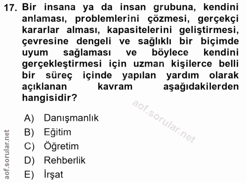 17. soru: Bir insana ya da insan grubuna, kendini anlaması, problemlerini çözmesi, gerçekçi kararlar alması, kapasitelerini gel…