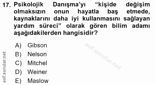 17. soru: Psikolojik Danışma'yı "kişide değişim olmaksızın onun hayatla bas etmede, kaynaklarını daha iyi kullanmasını sağlayan…