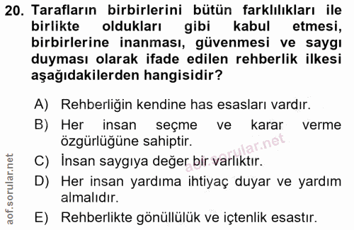 20. soru: Tarafların birbirlerini bütün farklılıkları ile birlikte oldukları gibi kabul etmesi, birbirlerine inanması, güvenmes…