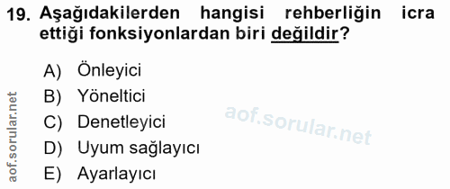 19. soru: Aşağıdakilerden hangisi rehberliğin icra ettiği fonksiyonlardan biri değildir? A) Önleyici B) Yöneltici C) Denetleyic…
