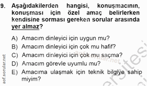 9. soru: Aşağıdakilerden hangisi, konuşmacının, konuşması için özel amaç belirlerken kendisine sorması gereken sorular arasınd…