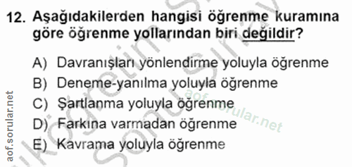 12. soru: Aşağıdakilerden hangisi ögrenme kuramına göre öğrenme yollarından biri değildir? A) Davranışları yönlendirme yoluyla…