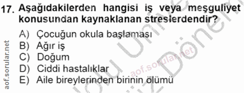 17. soru: Aşağıdakilerden hangisi iş veya meşguliyet konusundan kaynaklanan stresierdendir? A) Çocuğun okula başlaması B) Ağır…
