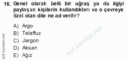 16. soru: Genel olarak belli bir uğraş ya da ilgiyi paylaşan kişilerin kullandıkları ve o çevreye özel olan dile ne ad verilir?…