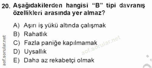 20. soru: Aşağıdakilerden hangisi "B" tipi davranış özellikleri arasında yer almaz? A) Aşırı iş yükü altında çalışmak B) Rahatl…