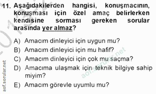 11. soru: Aşağıdakilerden hangisi, konuşmacının, konuşması için özel amaç belirlerken kendisine sorması gereken sorular arasınd…