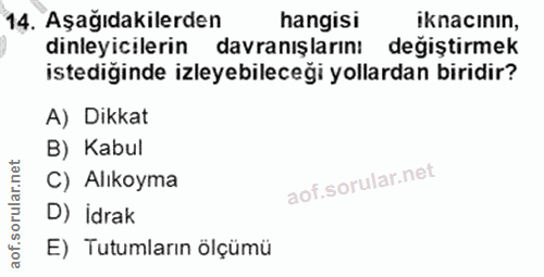 14. soru: Aşağıdakilerden hangisi iknacının, dinleyicilerin davranışlarını değiştirmek istediğinde izleyebileceği yollardan bir…