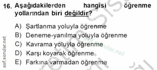 16. soru: Aşağıdakilerden hangisi öğrenme yollarından biri değildir? A) Şartlanma yoluyla öğrenme B) Deneme-yanılma yoluyla öğr…