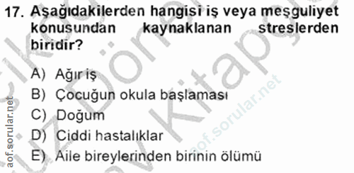 17. soru: Aşağıdakilerden hangisi iş veya meşguliyet konusundan kaynaklanan Streslerden biridir? A) Ağıriş ar.net B) Çocuğun ok…