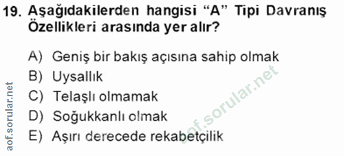 19. soru: Aşağıdakilerden hangisi "A" Tipi Davranıs Ozellikleri arasında yer alır? A) Geniş bir bakış açısına sahip olmak B) Uy…