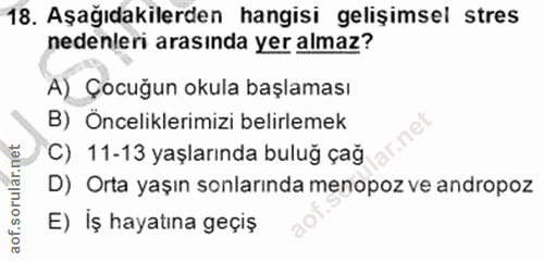 18. soru: Aşağıdakilerden hangisi gelişimsel stres nedenleri arasında yer almaz? A) Çocuğun okula başlaması B) Önceliklerimizi…