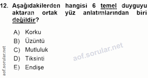 12. soru: Aşağıdakilerden hangisi 6 temel duyguyu aktaran ortak yüz anlatımlarından biri değildir? A) Korku B) Uzüntü C) Mutlul…