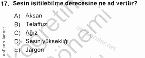 17. soru: Sesin işitilebilme derecesine ne ad verilir? A) Aksan B) Telaffuz C) Ağız D): Sesin yüksekliği prular.net E) Jargon