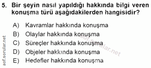 5. soru: Bir şeyin nasıl yapıldığı hakkında bilgi veren konuşma türü aşağıdakilerden hangisidir? A) Kavramlar hakkında konuşma…
