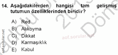 14. soru: Aşağıdakilerden hangisi tam gelişmiş tutumun özelliklerinden biridir? A) Red B) Alıkoyma C) Dikkat D) Karmaşıklık E)…