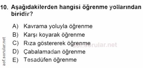 10. soru: Aşağıdakilerden hangisi öğrenme yollarından biridir? A) Kavrama yoluyla ögrenme B) Karşı koyarak öğrenme orular.net C…