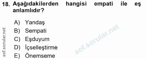 18. soru: Aşağıdakilerden hangisi empati ile eş anlamlıdır? A) Yandaş B) Sempati C) Eşduyum D) Içselleştirme E) Önemseme