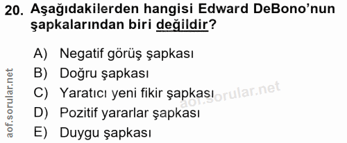 20. soru: Aşağıdakilerden hangisi Edward DeBono'nun şapkalarından biri değildir? A) Negatif görüş şapkası B) Doğru şapkası C) Y…