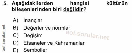 5. soru: Aşağıdakilerden hangisi kültürün bileşenlerinden biri değildir? A) Inançlar B) Değerler ve normlar C) Değişim D) Efsa…