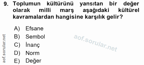9. soru: Toplumun kültürünü yansıtan bir değer olarak milli mars aşağıdaki kültürel kavramalardan hangisine karşılık gelir? A)…
