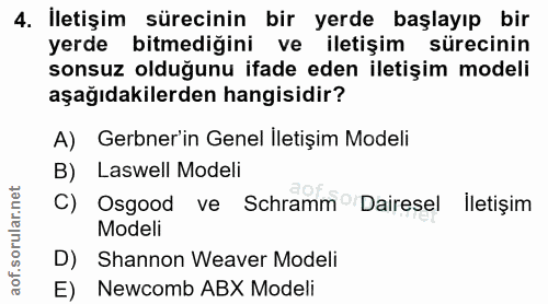 4. soru: İletişim sürecinin bir yerde başlayıp bir yerde bitmediğini ve iletişim sürecinin sonsuz olduğunu ifade eden iletişim…