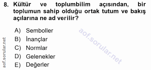 8. soru: Kültür ve toplumbilim açısından, bir toplumun sahip olduğu ortak tutum ve bakış açılarına ne ad verilir? A) Semboller…