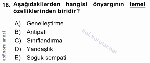 18. soru: Aşağıdakilerden hangisi önyarginin temel özelliklerinden biridir? A) Genelleştirme B) Antipati C) Siniflandırma D) Ya…