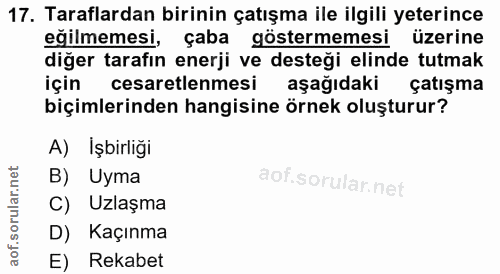 17. soru: Taraflardan birinin çatışma ile ilgili yeterince eğilmemesi, çaba göstermemesi üzerine diğer tarafın enerji ve desteğ…