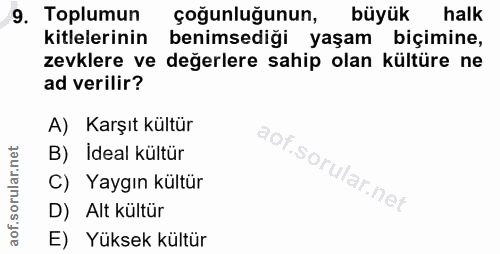 9. soru: Toplumun çoğunluğunun, büyük halk kitlelerinin benimsediği yaşam biçimine, zevklere ve değerlere sahip olan kültüre n…