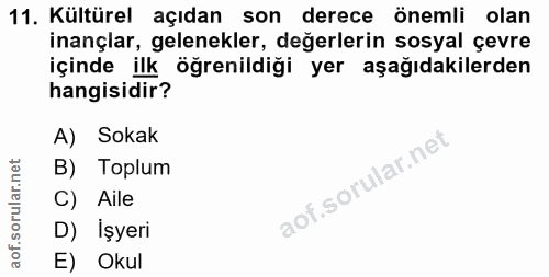 11. soru: Kültürel açıdan son derece önemli olan inançlar, gelenekler, değerlerin sosyal çevre içinde ilk öğrenildiği yer aşağı…