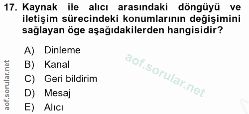 17. soru: Kaynak ile alıcı arasındaki döngüyü ve iletişim sürecindeki konumlarının değişimini sağlayan öge aşağıdakilerden hang…