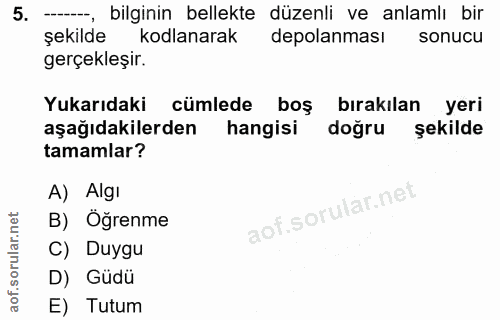 5. soru: -, bilginin bellekte düzenli ve anlamlı bir şekilde kodlanarak depolanması sonucu gerçekleşir. Yukarıdaki cümlede boş…