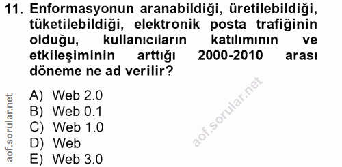 11. soru: Enformasyonun aranabildiği, üretilebildiği, tüketilebildiği, elektronik posta trafiğinin olduğu, kullanıcıların katıl…