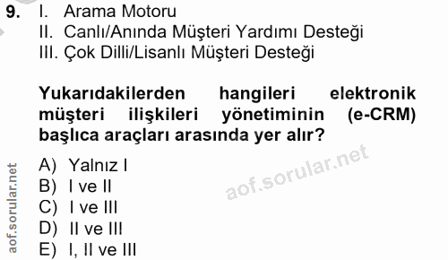 9. soru: I. Arama Motoru I. Canlı/Anında Müşteri Yardımı Desteği III. Çok Dilli/Lisanlı Müşteri Desteği Yukarıdakilerden hangi…
