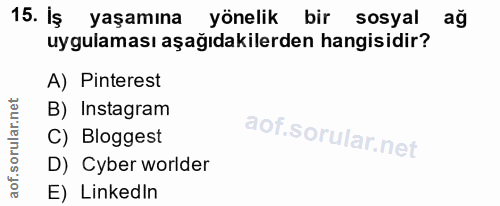 15. soru: iş yaşamına yonelik bir sosyal ağ uygulaması aşağıdakilerden hangisidir? A) Pinterest B) Instagram orular. C) Blogges…