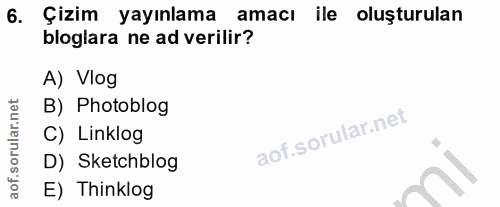 6. soru: Çizim yayınlama amacı ile oluşturulan bloglara ne ad verilir? A) Vlog B) Photoblog C) Linklog D) Sketchblog E) Thinklog