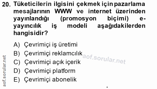 20. soru: Tüketicilerin ilgisini çekmek için pazarlama mesajlarının WWW ve internet üzerinden yayınlandığı (promosyon biçimi) e…