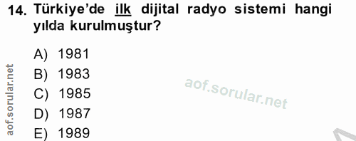 14. soru: Türkiye'de ilk dijital radyo sistemi hangi yılda kurulmuştur? A) 1981 B) 1983 C) 1985 D) 1987 E) 1989