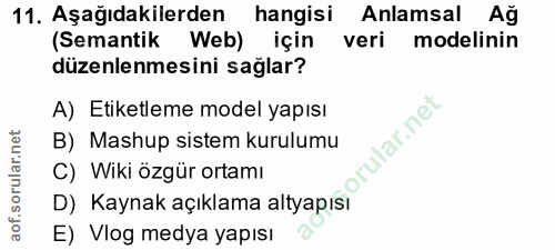 11. soru: Aşağıdakilerden hangisi Anlamsal Ağ (Semantik Web) için veri modelinin düzenlenmesini sağlar? A) Etiketleme model yap…