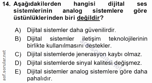14. soru: Aşağıdakilerden hangisi dijital ses sistemlerinin analog sistemlere göre üstünlüklerinden biri değildir? A) Dijital s…