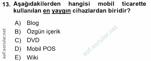 13. soru: Aşağıdakilerden hangisi mobil ticarette kullanılan en yaygın cihazlardan biridir? A) Blog B) Özgün içerik C) DVD D) M…