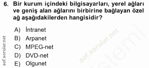 6. soru: Bir kurum içindeki bilgisayarları, yerel ağları ve geniş alan ağlarını birbirine bağlayan özel ağ aşağıdakilerden han…