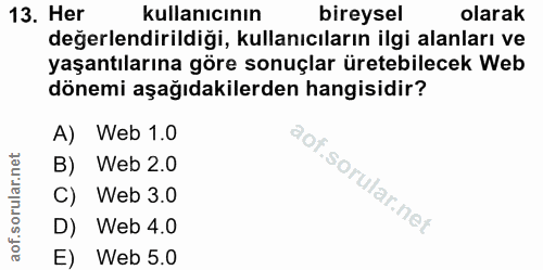13. soru: Her kullanıcının bireysel olarak değerlendirildiği, kullanıcıların ilgi alanları ve yaşantılarına göre sonuçlar ürete…