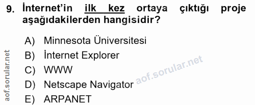 9. soru: Internet'in ilk kez ortaya çıktığı proje aşağıdakilerden hangisidir? A) Minnesota Üniversitesi B) İnternet Explorer D…