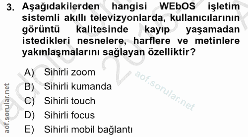 3. soru: Aşağıdakilerden hangisi WEbOS işletim sistemli akıllı televizyonlarda, kullanıcılarının görüntü kalitesinde kayıp yaş…