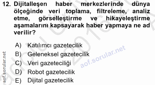 12. soru: Dijitalleşen haber merkezlerinde dünya ölçeğinde veri toplama, filtreleme, analiz etme, görselleştirme ve hikayeleşti…