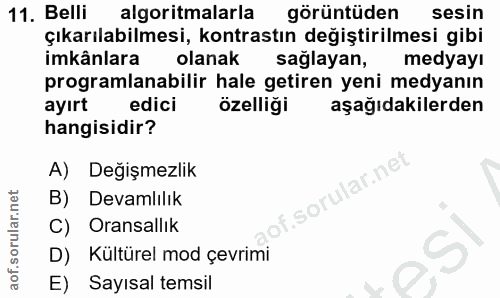11. soru: Belli algoritmalarla görüntüden sesin çıkarılabilmesi, kontrastın değiştirilmesi gibi imkânlara olanak sağlayan, medy…